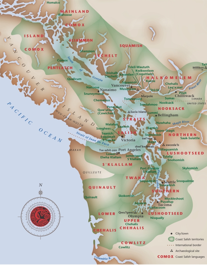 Illustrative map of the Coast Salish territory from Chehalis, WA to Klahoose,  BC, Canada showing location names with the names of the native american languages associated with peoples from these areas. The compass has a beautiful native illustration of a whale in its center.
